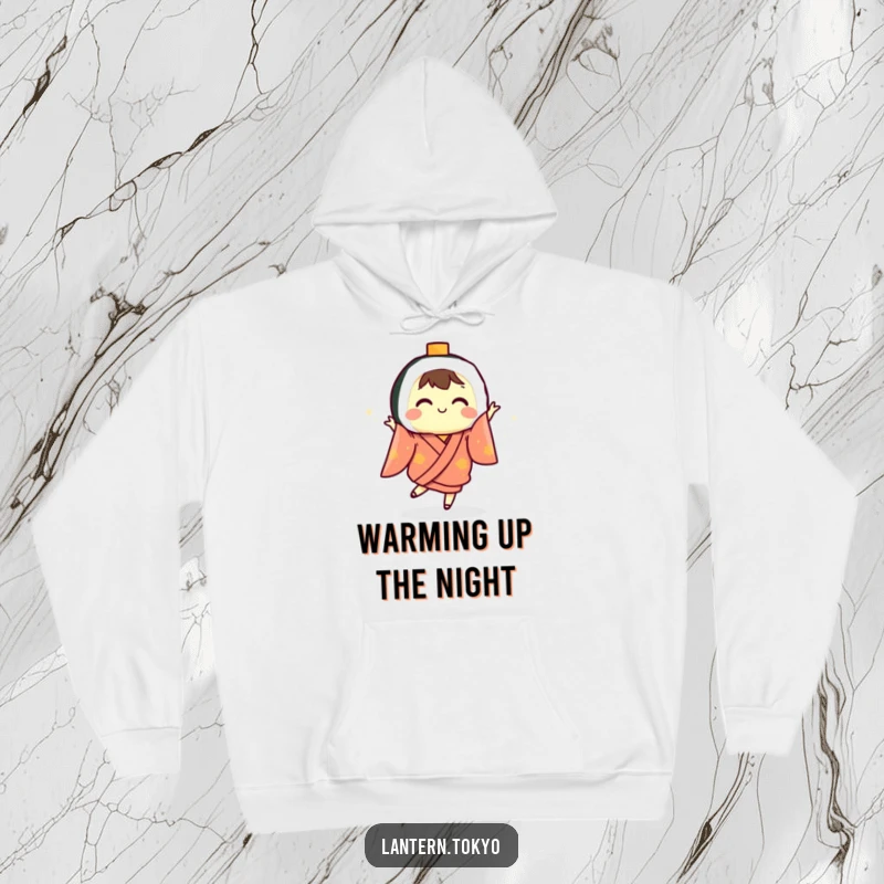 Funny sushi lantern in a kimono dancing with joy, showcased on a cozy hoodie for a humorous and warm feel.