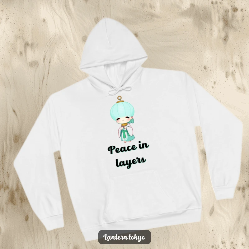 Funny Teal Lantern Hoodie showcasing a peaceful teal lantern in a flowing white kimono, offering comfort and humor. A perfect funny gift.