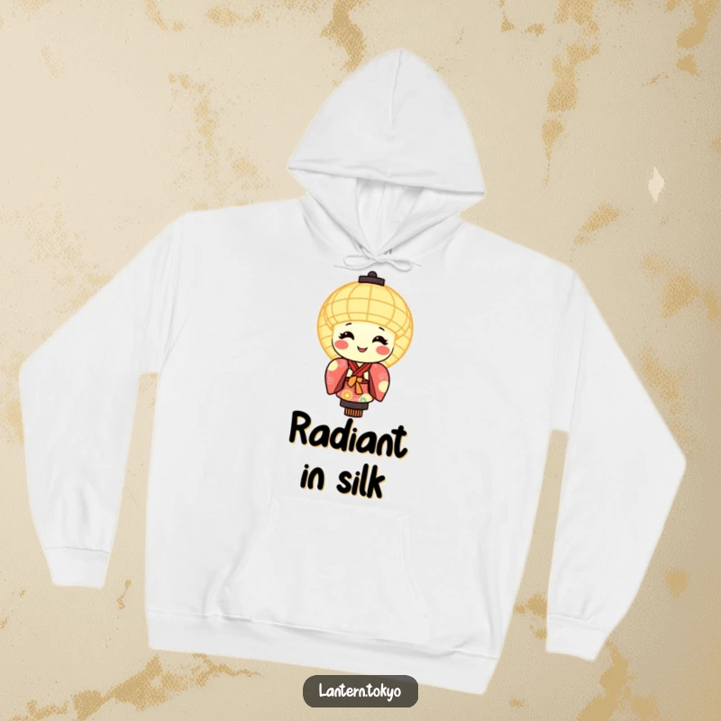 Funny hoodie featuring a smiling, glowing lantern character elegantly dressed in a vibrant, patterned kimono.