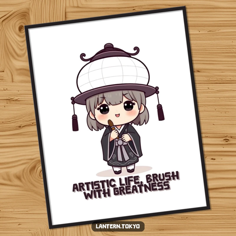 Funny Free Printable Wall Art: White lantern in black kimono holding brush, artistic doodle, humorous downloadable decor.