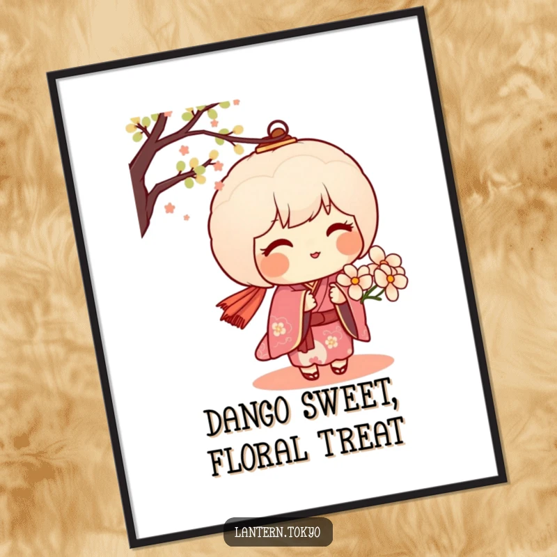 Free Printable Wall Art: A blushing dango lantern in a kimono offers a delicate flower, adding a touch of sweet charm.