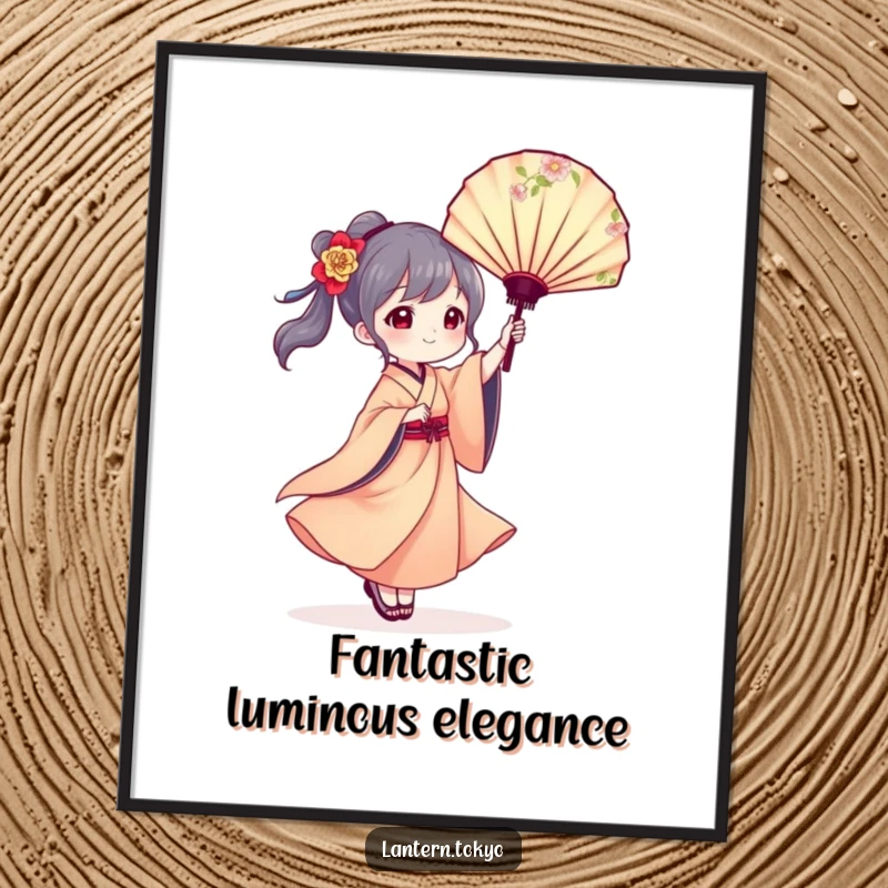 Free Printable Wall Art: A lantern character in a flowing kimono gracefully twirls a floral fan, adding artistic elegance to any room.