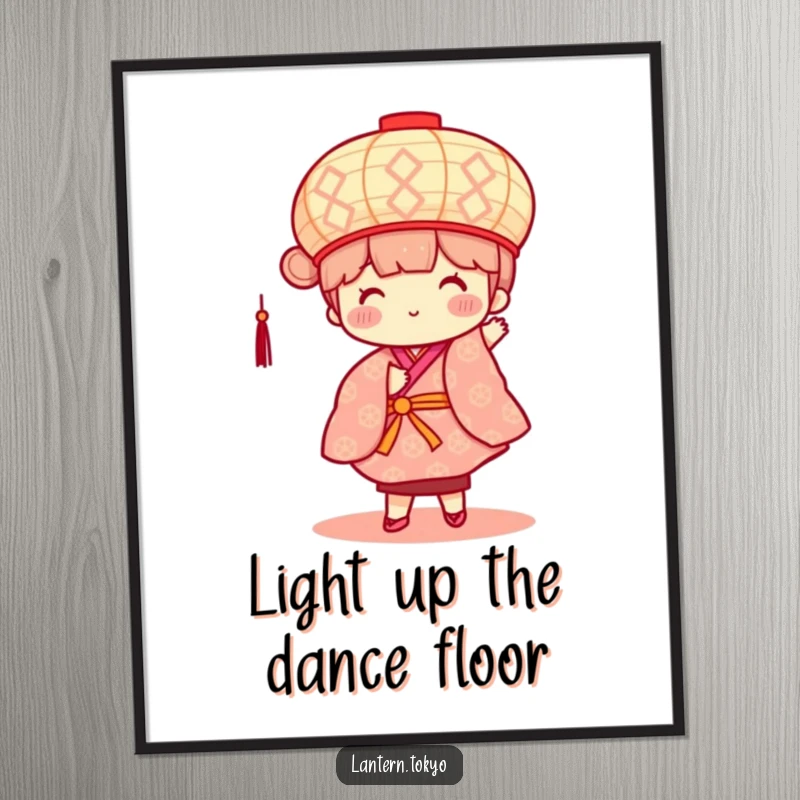 Lively Free Printable Wall Art: A square, patterned lantern with cute rosy cheeks dances joyfully in a kimono.