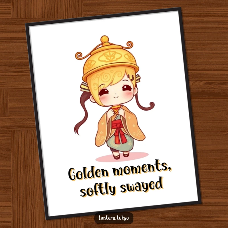 Funny Free Printable Wall Art: A golden lantern with intricate designs gently swaying in a kimono, adding artistic humor.