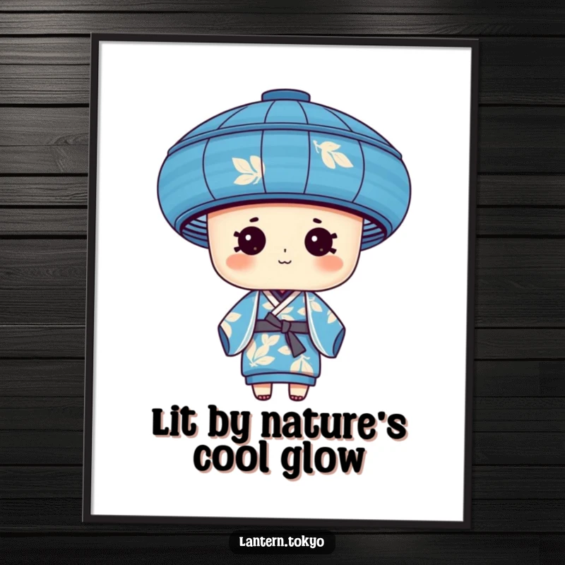 Funny Free Printable Wall Art: A blue cylindrical lantern with leafy patterns wearing a silk kimono, adding whimsical charm.