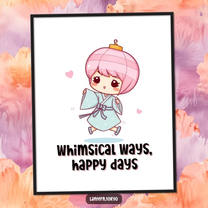 Funny Free Printable Wall Art: Pink lantern in blue kimono skipping lightly, whimsical character, playful decor.