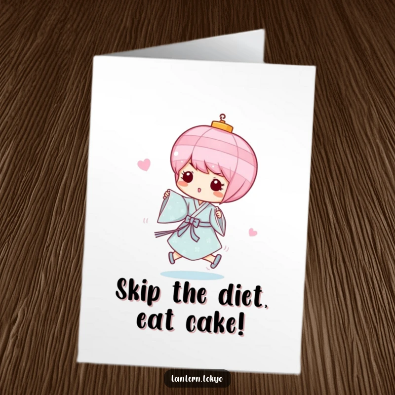 Funny Free Printable Birthday Card: Pink lantern in blue kimono skipping joyfully, whimsical celebration humor.