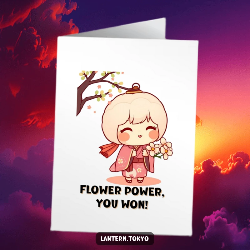 Free Printable Congratulations Card: A blushing dango lantern in a kimono offers a delicate flower, congratulating a significant achievement.