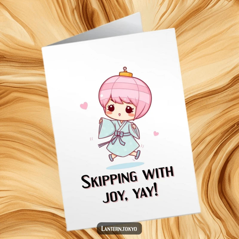 Funny Free Printable Congratulations Card: Pink lantern in blue kimono skipping, playful success art.