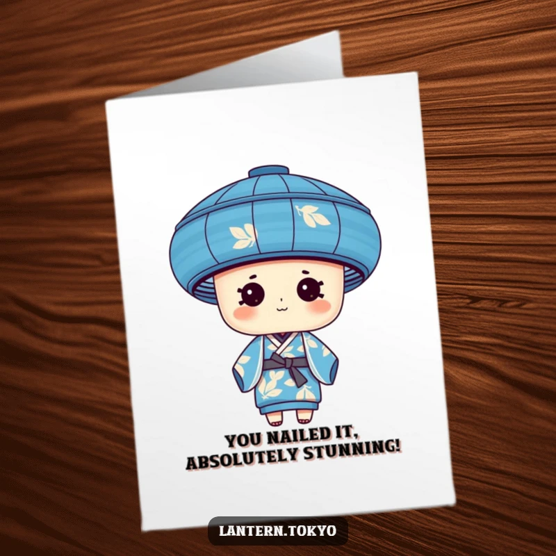 Funny Free Printable Congrats Card: Blue cylindrical lantern in a leafy silk kimono, a sophisticated downloadable gift.