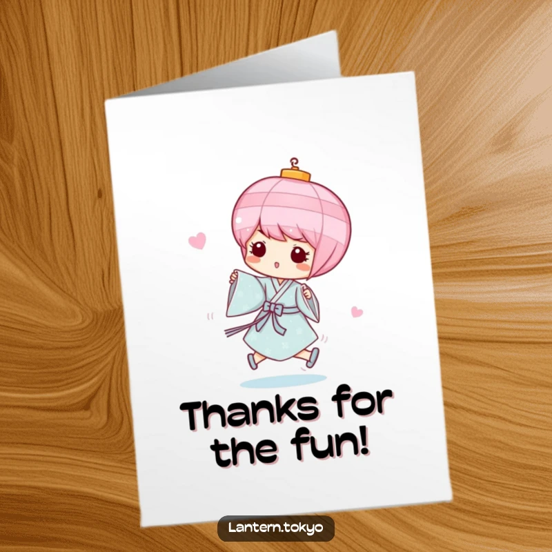 Funny Free Printable Thank You Card: Pink lantern in blue kimono skipping, whimsical thanks humor.