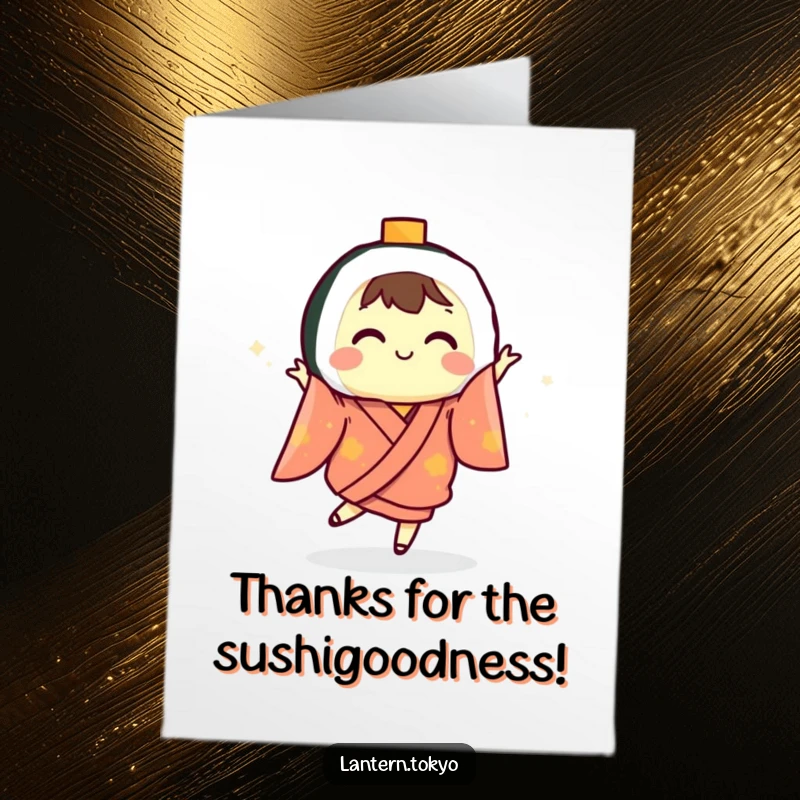 Funny Free Printable Thank You Card: A sushi lantern in a kimono dances with gratitude, a hilarious downloadable art.