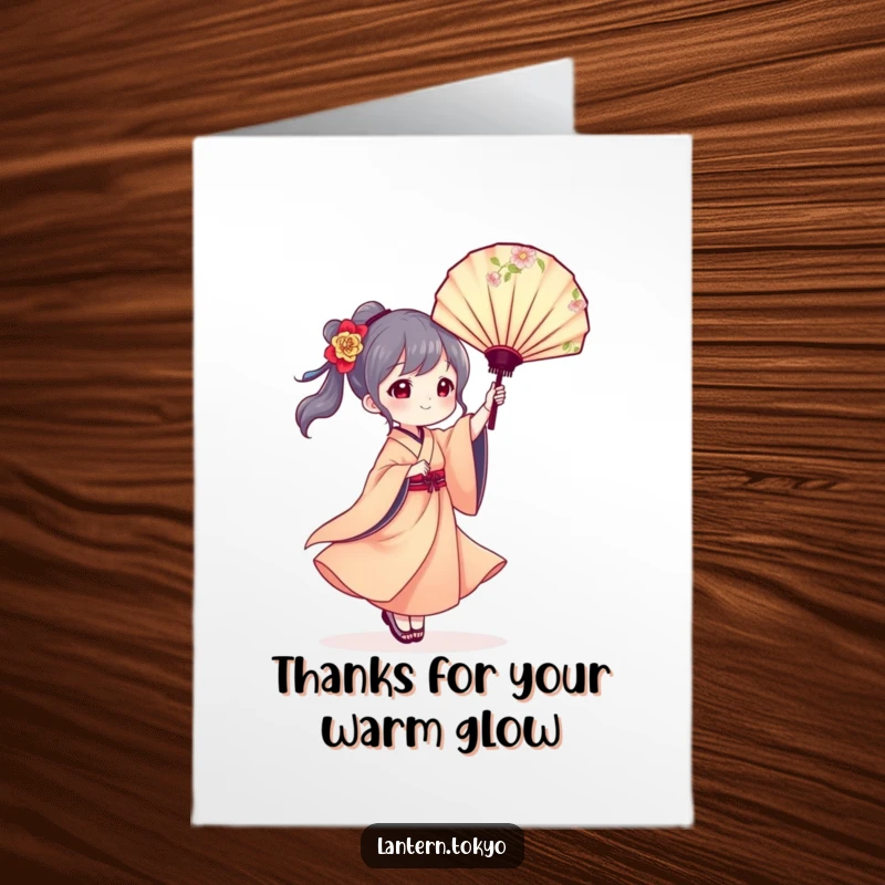 Free Printable Thank You Card: A lantern character in a kimono gracefully twirls a floral fan, offering a thank you gesture.