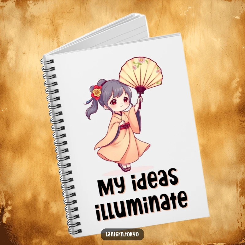 Funny notebook cover with a lantern character in a flowing kimono gracefully twirling a floral fan, perfect for journaling artistic ideas.