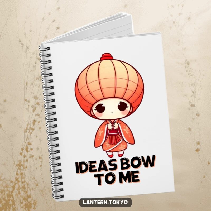 Funny red conical lantern in a detailed kimono bowing gracefully, inside a humorous notebook for writing and creativity.