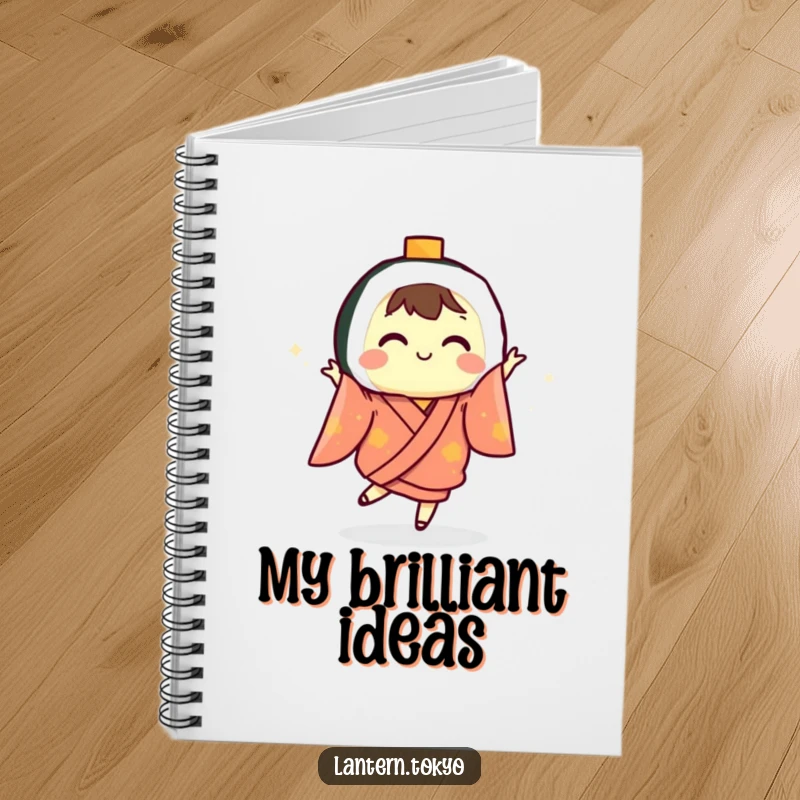 Funny sushi lantern in a kimono dancing across the cover of a notebook, inspiring humorous writing and drawing.