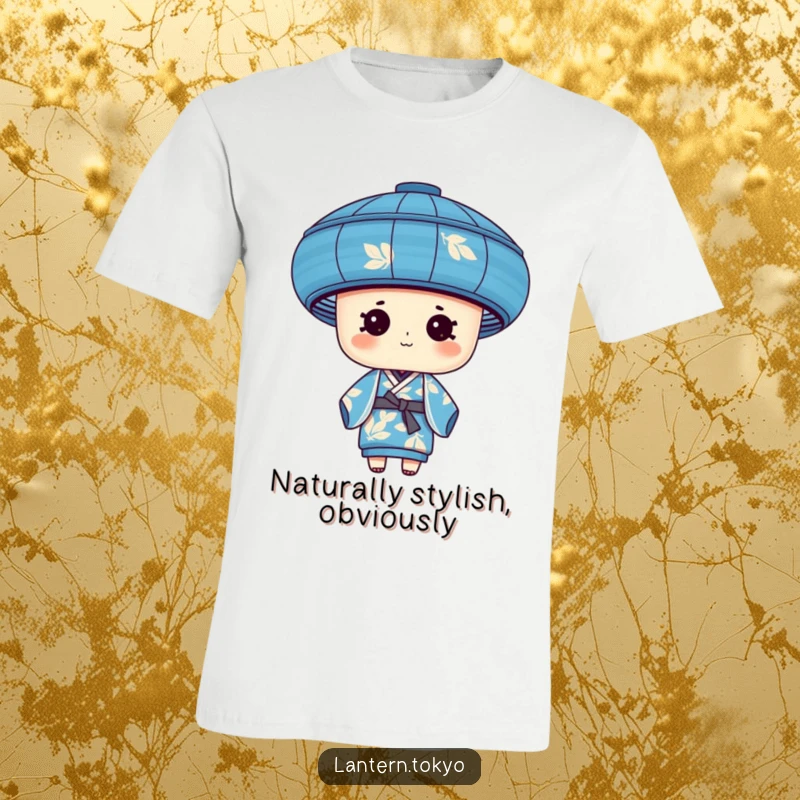 Funny blue cylindrical lantern with leafy patterns wearing a silk kimono on a t-shirt, stylish and humorous apparel.