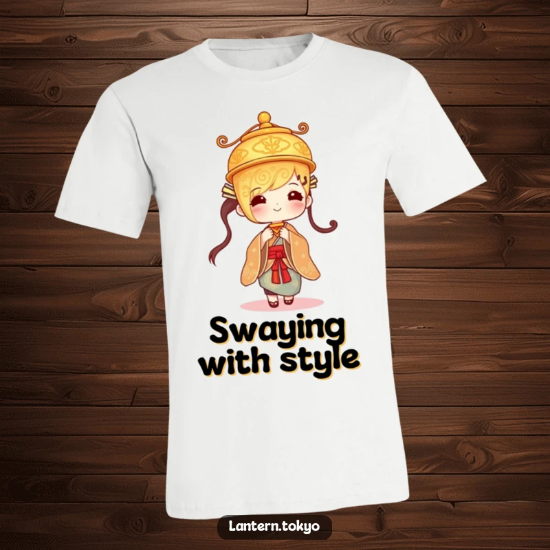 Funny golden lantern with intricate designs, gently swaying in a kimono, printed on a t-shirt for stylish humor.