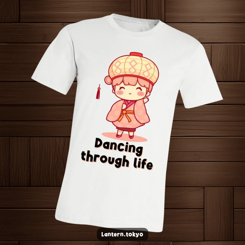 Funny t-shirt showcasing a square, patterned lantern with rosy cheeks, joyfully dancing in a traditional kimono.