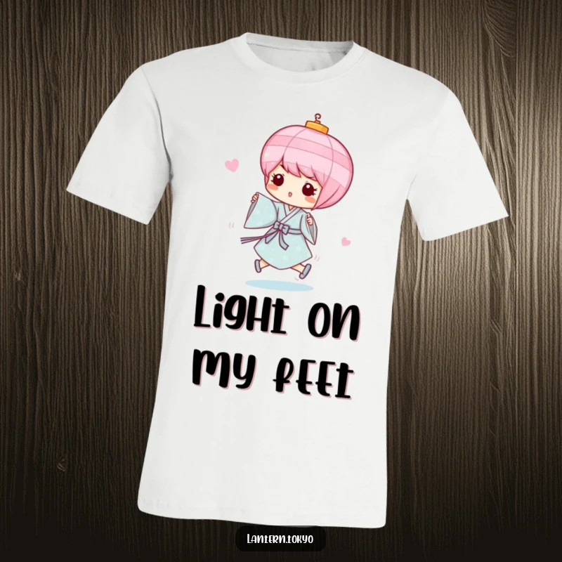 Funny Pink Lantern T-Shirt featuring a whimsical pink lantern in a light blue kimono, joyfully skipping. A humorous and playful graphic.