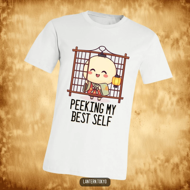 Funny t-shirt featuring a smiling rice ball lantern wearing a kimono, playfully peeking out from behind a screen, full of charm.