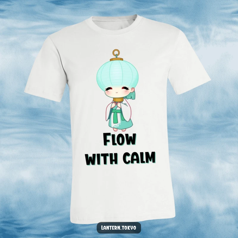 Funny Teal Lantern T-Shirt featuring a serene teal lantern in a flowing white kimono. A peaceful and humorous graphic tee.
