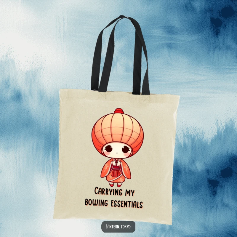 Funny red conical lantern in a detailed kimono bowing gracefully, a stylish tote bag for carrying essentials with humor.