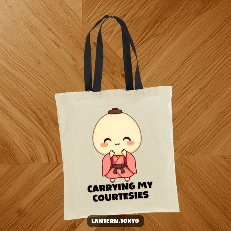 Funny tote bag with a cheerful mochi lantern in a kimono performing a gentle bow, offering a friendly and warm greeting.
