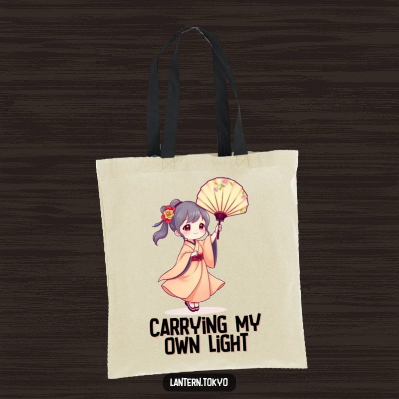 Funny tote bag depicting a lantern character in a flowing kimono gracefully twirling a floral fan, adding artistic elegance to daily errands.