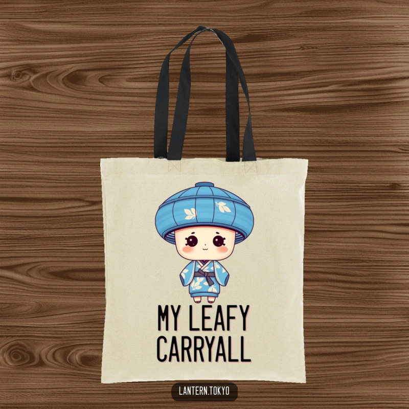 Funny blue cylindrical lantern with leafy patterns wearing a silk kimono, a chic and humorous tote bag.