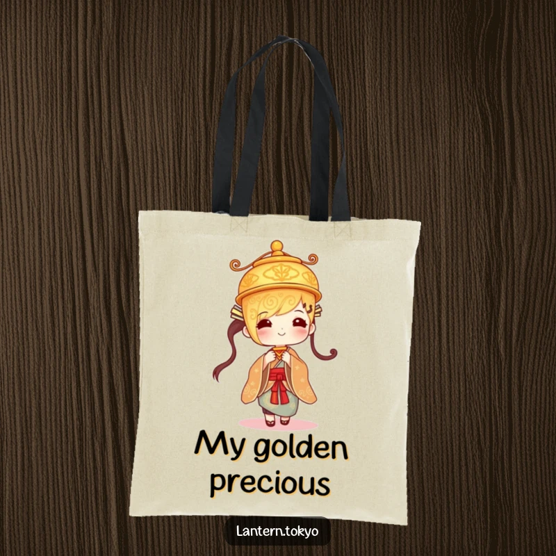 Funny golden lantern with intricate designs gently swaying in a kimono, a fashionable and humorous tote bag.