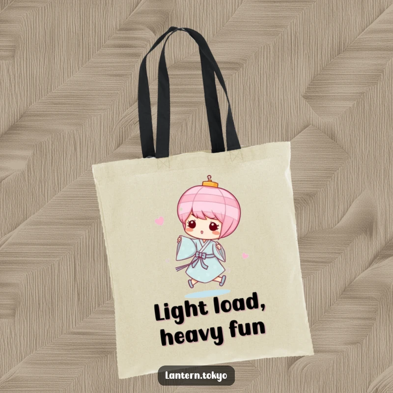 Funny Pink Lantern Tote Bag designed with a whimsical pink lantern in a light blue kimono, playfully skipping. A practical and humorous accessory.
