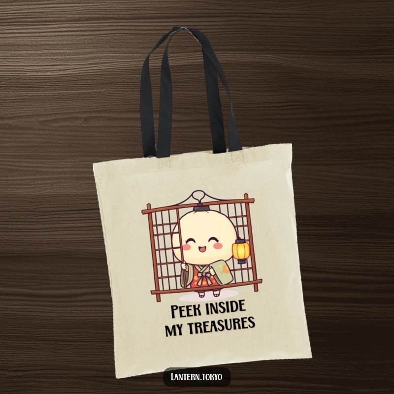 Funny tote bag with a smiling rice ball lantern in a kimono playfully peeking from behind a screen, showcasing cute and playful vibes.