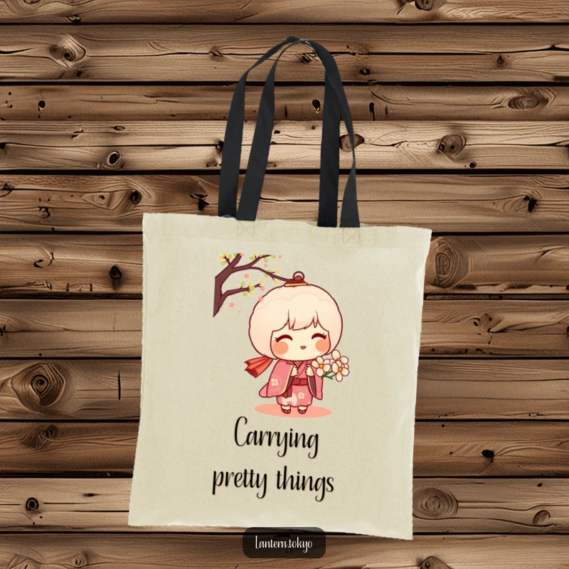 Funny tote bag with a blushing dango lantern in a kimono offering a delicate flower, showcasing sweet charm and affection.